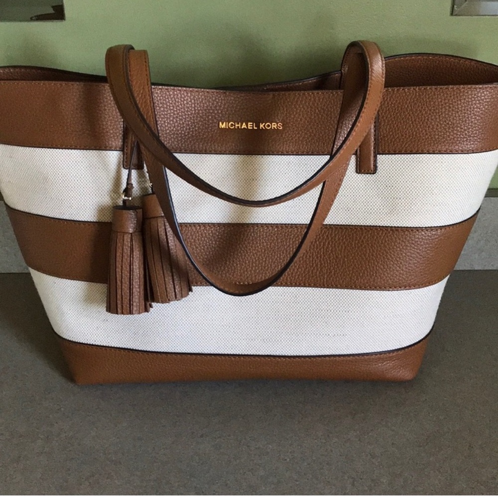 Michael Kors Brown and White Striped Leather Tote